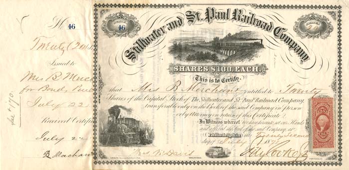 Stillwater and St. Paul Railroad Co. signed by Jay Cooke, Jr.